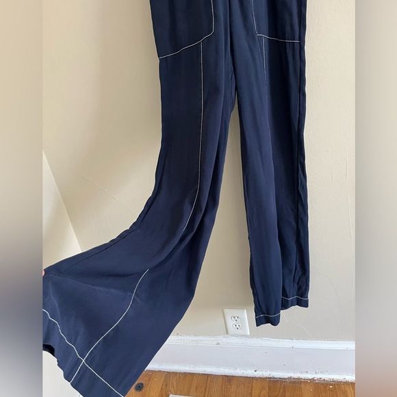 A LOVES A blue contrast stitch retro inspired wide leg button front jumpsuit - Picture 5 of 9